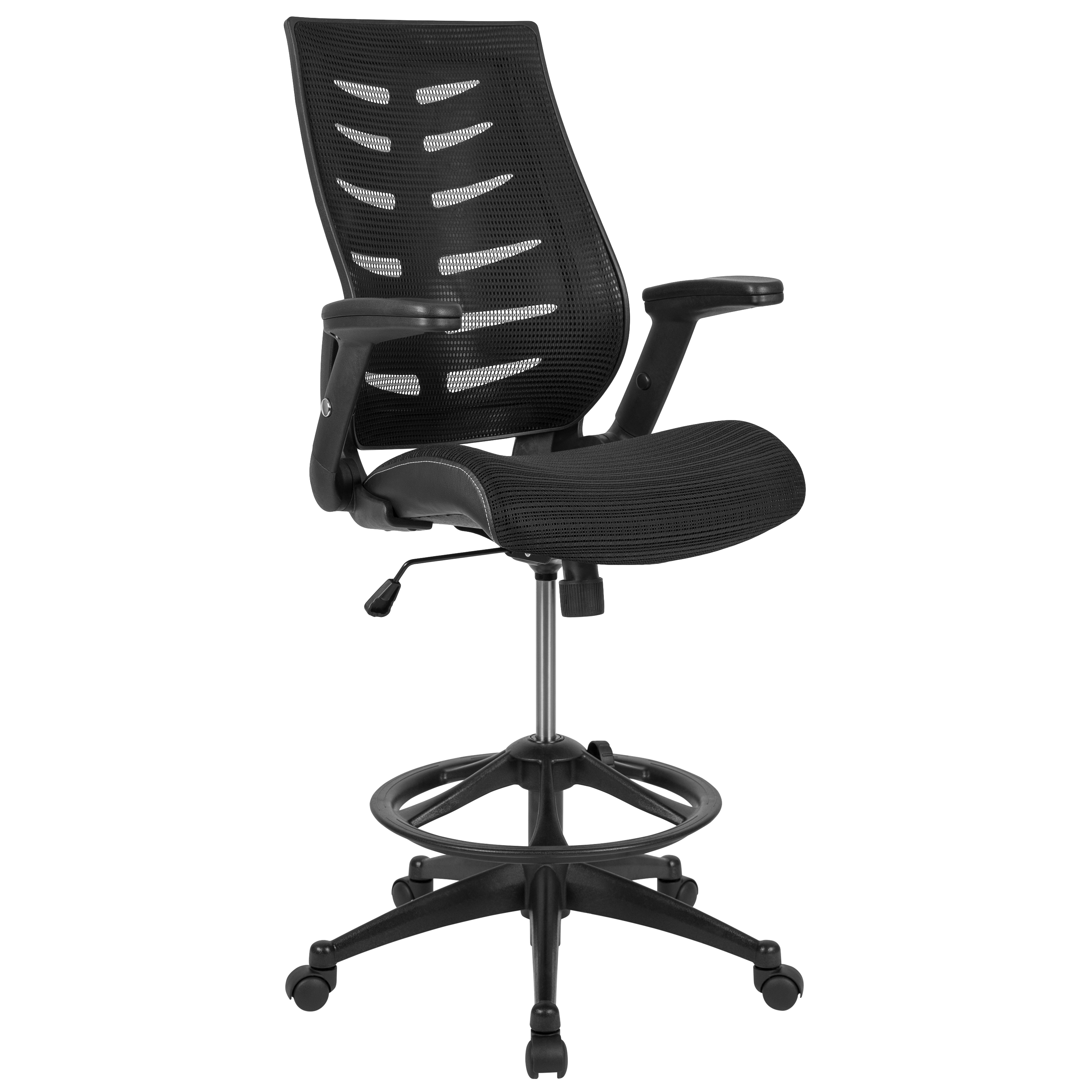 Flash High Back Black Mesh Spine-Back Ergonomic Drafting Chair with Adjustable Foot Ring and Adjustable Flip-Up Arms - BL-ZP-809D-BK-GG